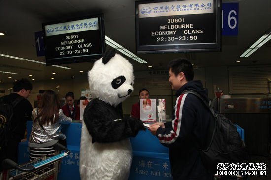 熊猫都都为办理值机的旅客派发首航纪念品。